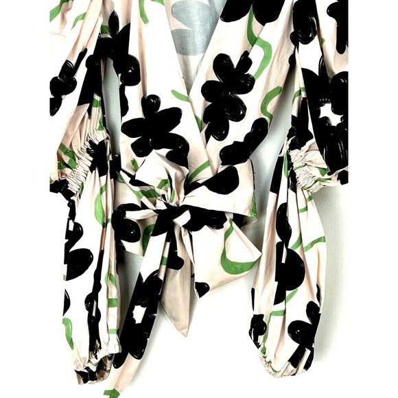 Alexandra Bueno Manglar Rebecca Shirt Women Sz L Pink Black Puff Sleeve Wrap Top - Picture 9 of 12